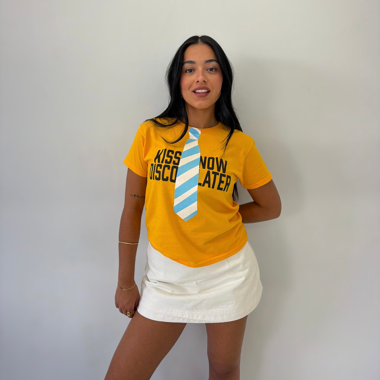 Kiss Now Disco Later Faux Tie Tee