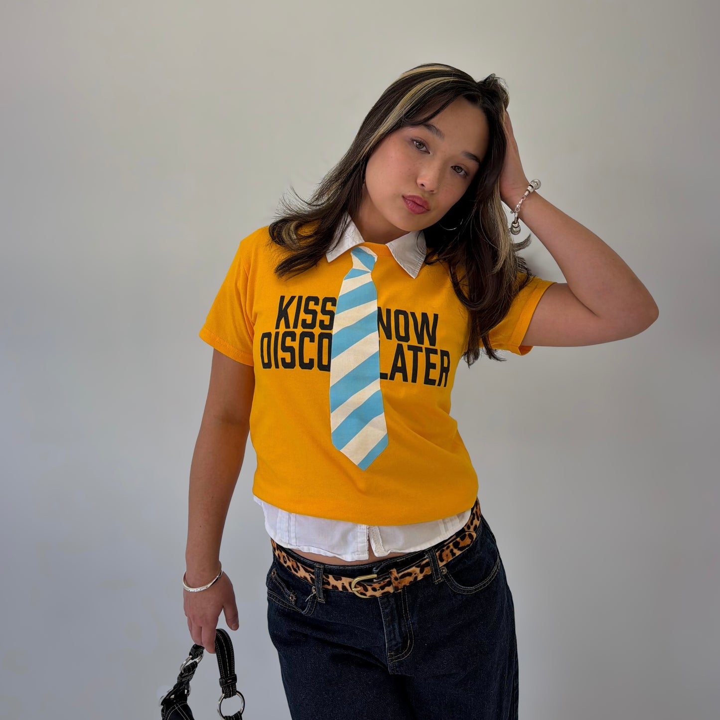Kiss Now Disco Later Faux Tie Tee