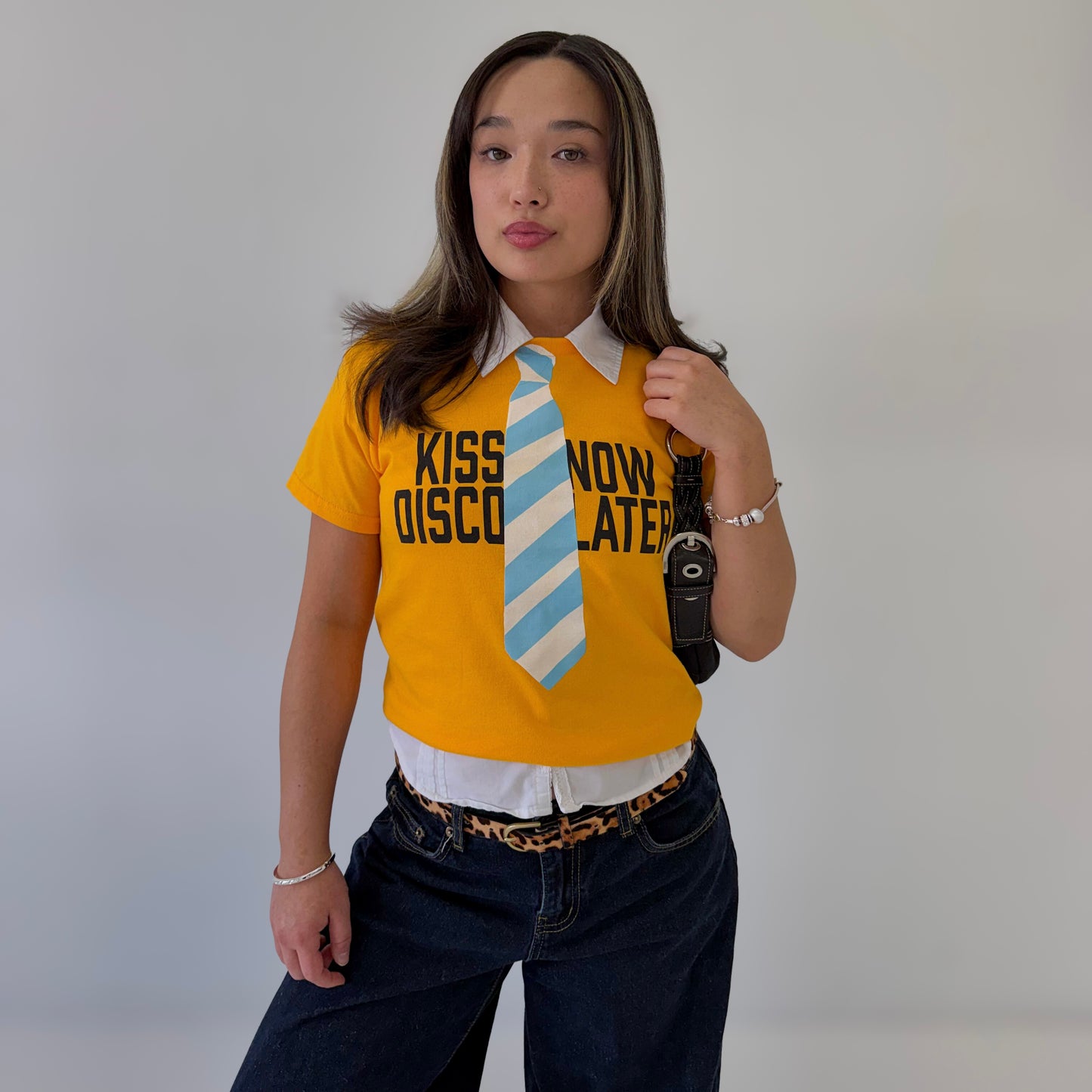 Kiss Now Disco Later Faux Tie Tee
