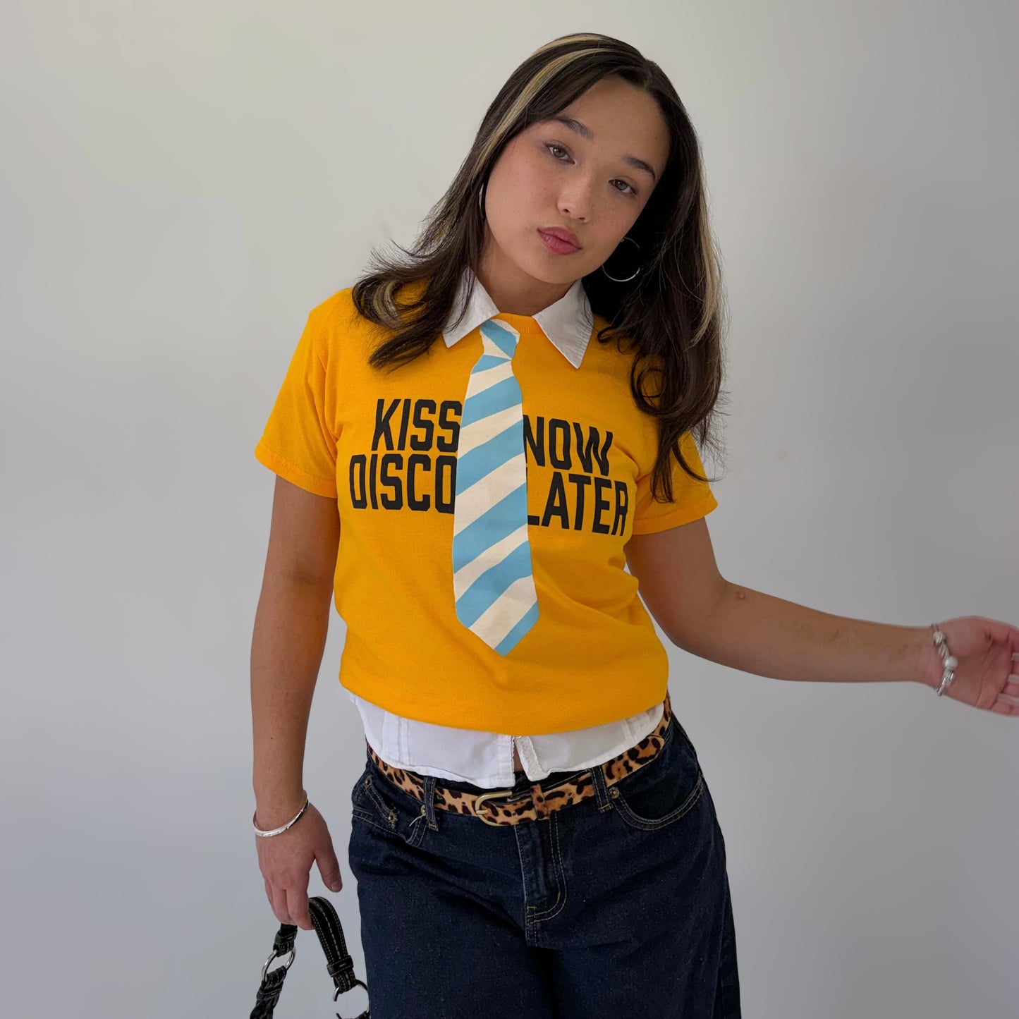 Kiss Now Disco Later Faux Tie Tee